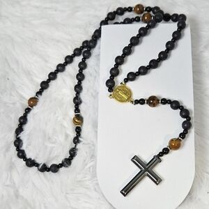 Tiger Eye Lava Stone Rosary Necklace St Benedict Medal Hematite Cross Masculine